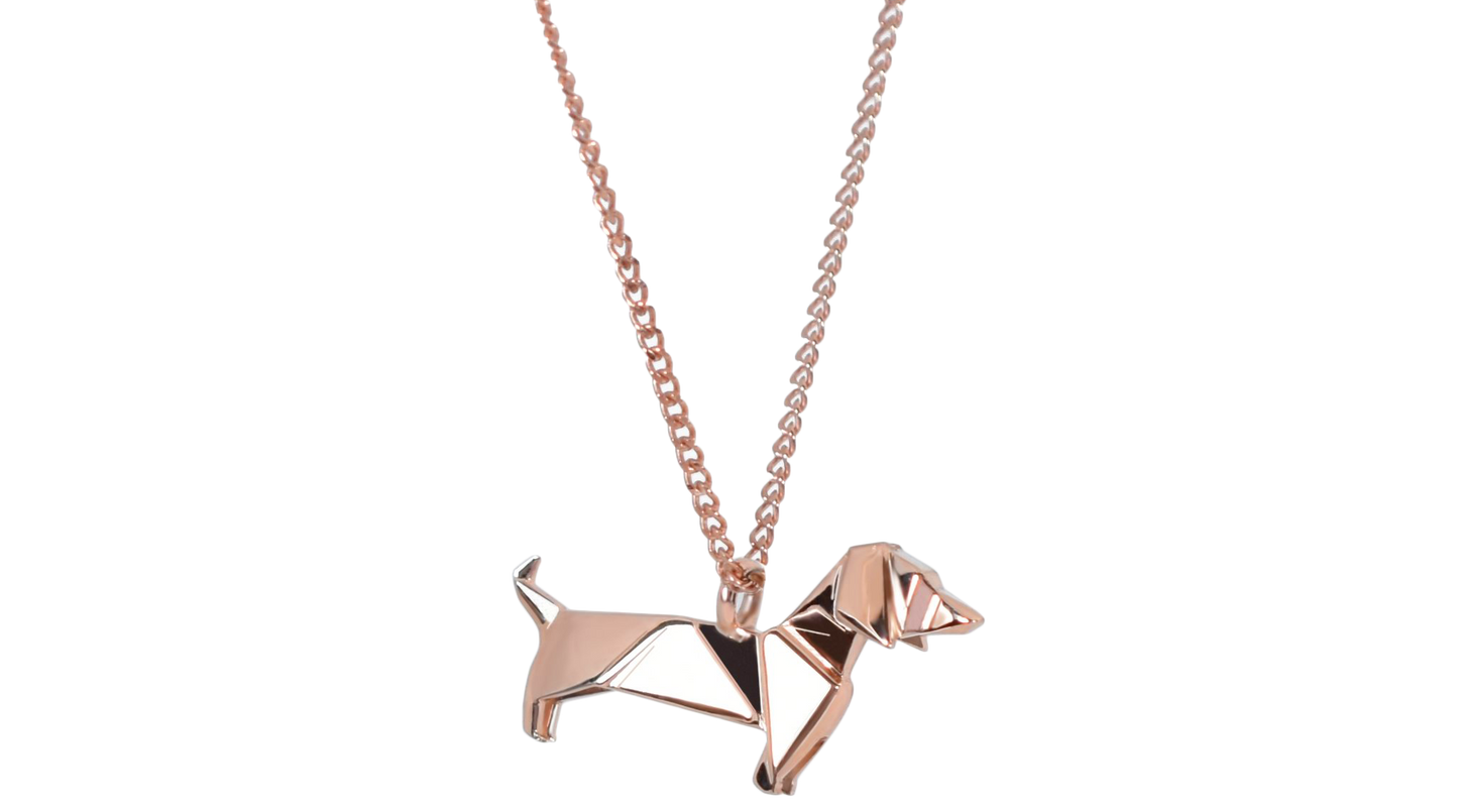 Dije Perro Salchicha Origami de Oro Rosa de 14 Kilates. Con cadena de Oro 14 Kilates.