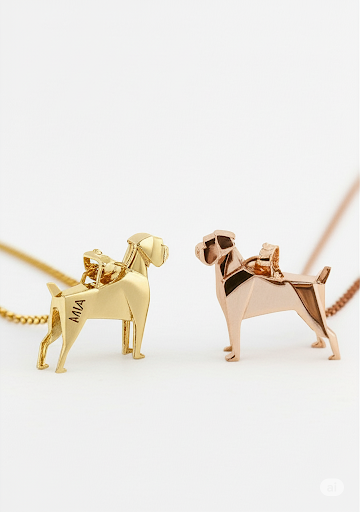 Collares de origami con diseño de perro boxer. Hechos en oro y oro rosa 