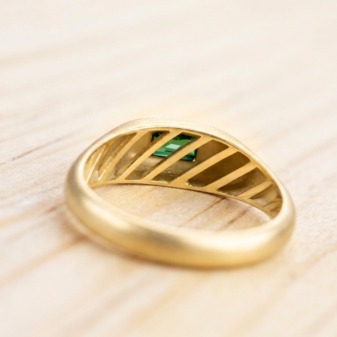 Vista interior de anillo chunky de oro amarillo con acabado satinado y un zafiro verde corte baguette engastado al ras, presentado sobre una superficie de madera clara.