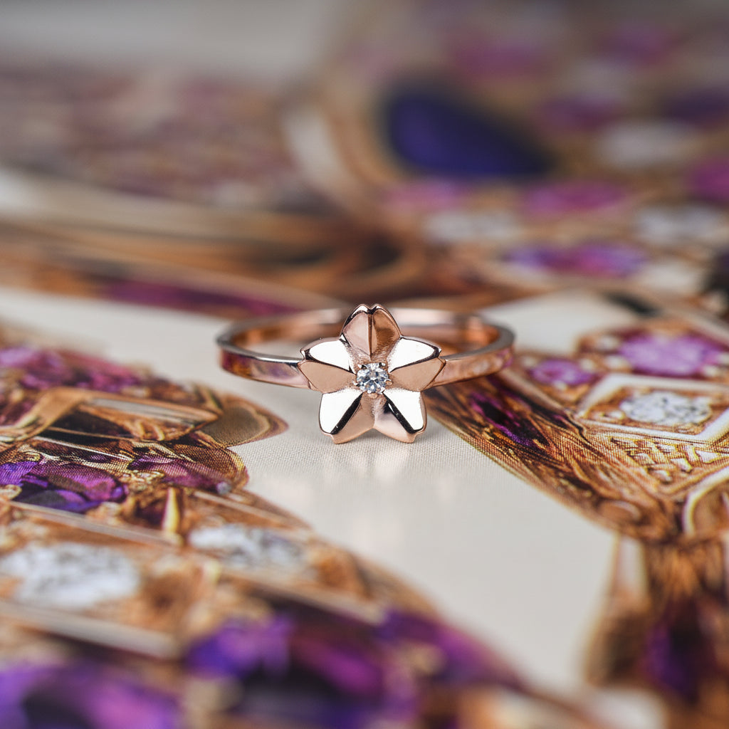 Anillo de oro rosa con forma de flor de Sakura (cerezo) y un diamante brillante central, colocado sobre las páginas de un libro abierto.