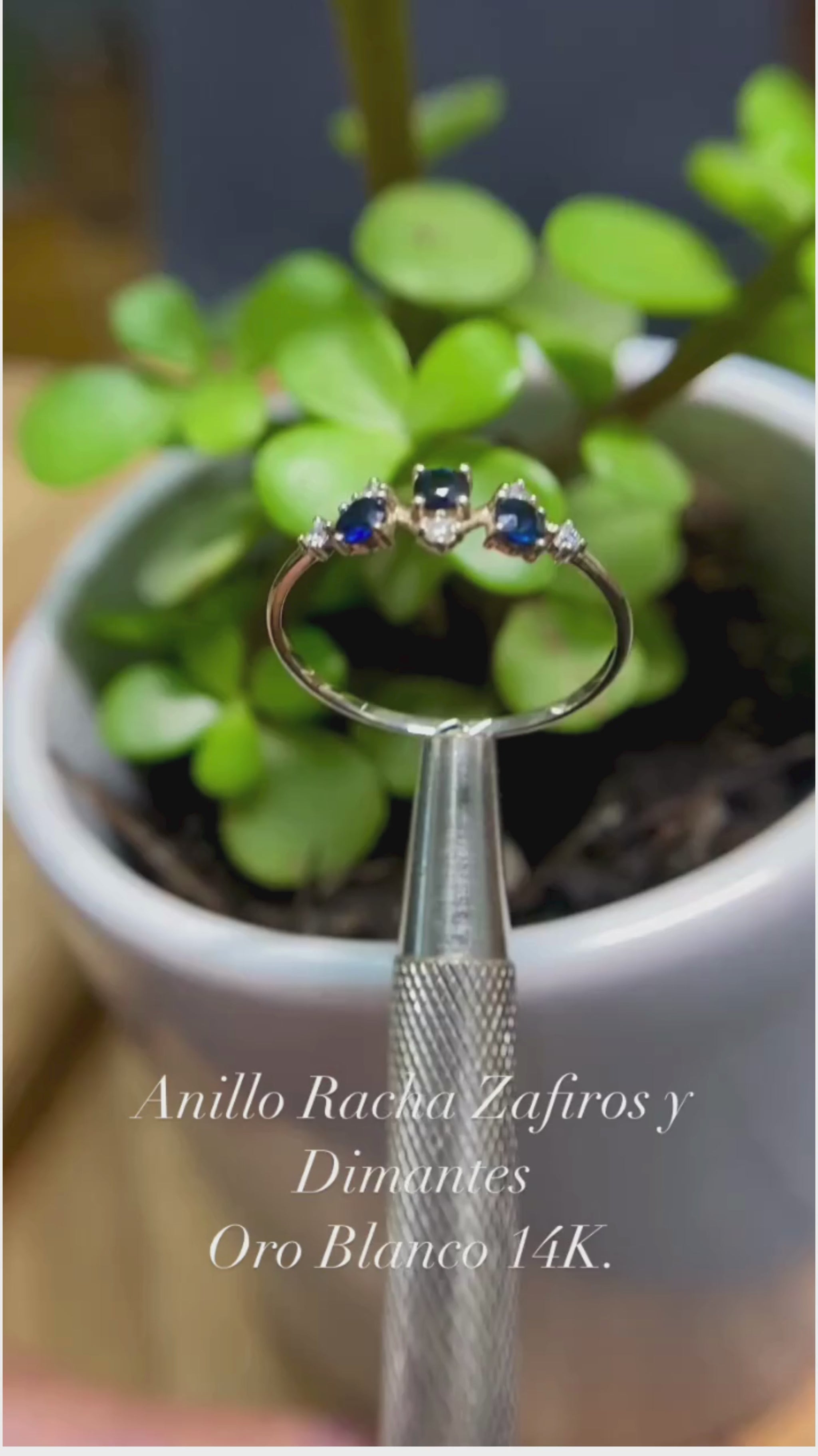 Video Anillo Racha Zafiros y Diamantes en Oro Blanco de 14K.