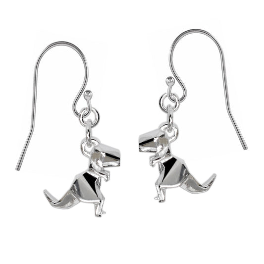 Aretes colgantes T-rex origami plata