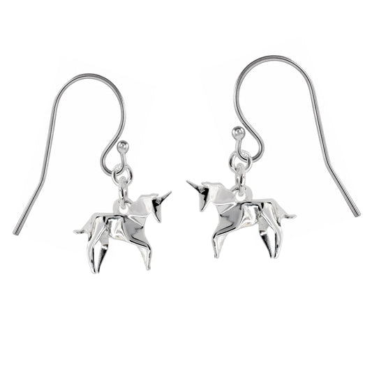 Aretes colgantes unicornio origami plata